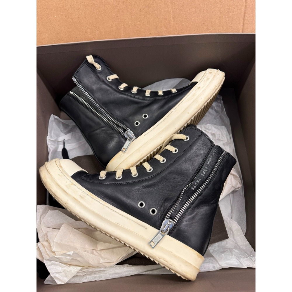 Rick Owens Ramones Lether Hight Top Sneakers Black Milk Womens Size 38.5 EU
